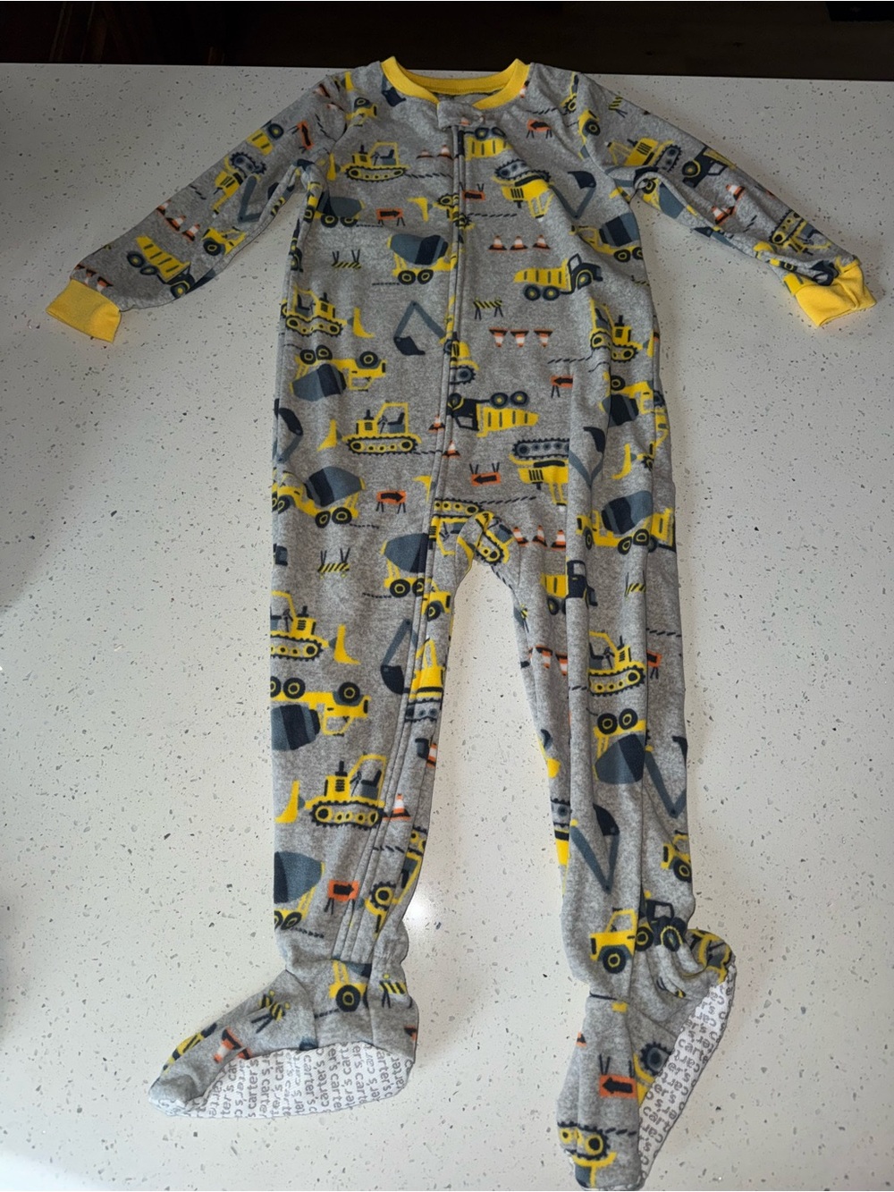 Kids Gray Construction-Print Footed One-Piece Pajamas - Yellow Accents